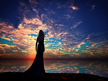 Standing in a Dream, sea, colorful, sand, girl, beauty, beach, reflection, clouds, sky, sun HD wallpaper