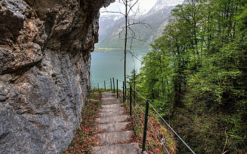 Nature, Trees, Mountains, Rock, Lake, Steps, Descent HD wallpaper