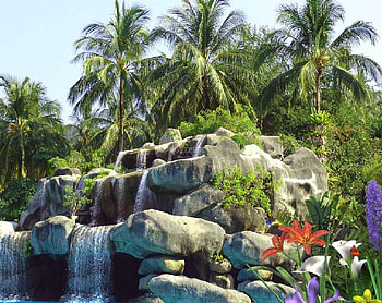 Waterfall, trees, sky, nature, flowers HD wallpaper
