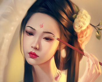 Girl, fantasy, yiz, asian, yizart, yellow, face, hand, frumusete HD wallpaper