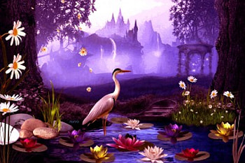 a secret place, place, crane, daisies, castle, water, pond, magic, bird, gazebo, secret, stones, heron, fantasy, water lilies, light, stone, flowers, evening HD wallpaper