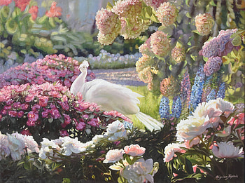 White peacock, blue, white, bird, hydrangea, art, zbigniew kopania, summer, pink, painting, paun, pictura, flower, peacock, luminos, pasari, vara HD wallpaper