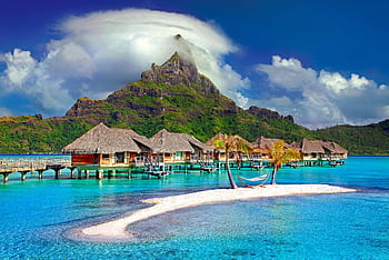 Beautiful overwater bungalows and mountain in Bora Bora. Perfect tropical getaway. HD wallpaper