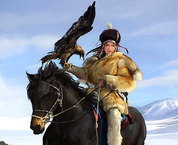 Fantasy girl, horse, bird, art, fantasy, iarna, girl, shenpei wu, winter, cal, pasari HD wallpaper