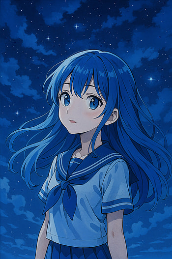 Starlit Sailor: Blue Night Anime , Anime, anime girl, school uniform, blue hair, Night Sky HD phone wallpaper