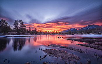 Sprague Lake, sunset, evening, mountain lake, winter, mountains, Rocky Mountain National Park, mountain landscape, Colorado, USA HD wallpaper