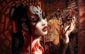 Beautiful Sorceress and her pet, animal, sorceress, black, brunette, tattoo, girl, spider, beauty, woman, little, fantasy, red, dragon, game, lips, creature HD wallpaper