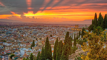 Sunset nature, Trees cityscapes, Spain HD wallpaper