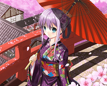 Walking Home, umbrella, kimono, purple hair, yukata, cute, floral, long hair, roof, petals, flower, cherry blossom, female, blossom, girl, anime, sakura, anime girl, sakura blossom, green eyes HD wallpaper