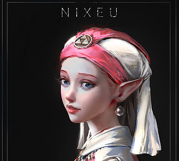 Zelda (girl with a pearl earring), white, black, art, nixeu, girl, elf, earring, jewel, pink, fantasy, pearl, face, zelda, luminos HD wallpaper