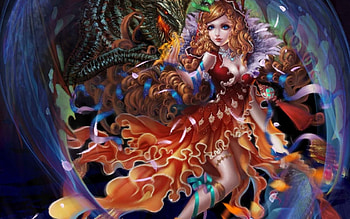 Girl and dragon, blue, colorful luminos, girl, orange, beauty, anime, fantasy, dragon, redhead, manga HD wallpaper