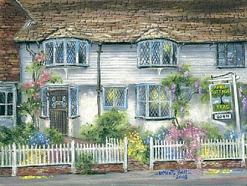 April Cottage Teas, business sign, open, windows, open sign, teas, white picket fence, roof, painting, door, street, store, cottage HD wallpaper