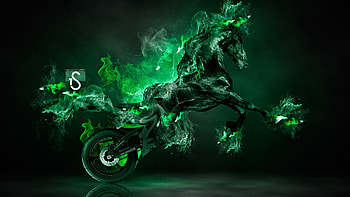 Moto Unicorn, smoke, cal, fire, moto, black, horse, art, motorcycle, fantasy, tony kokhan, green, unicorn HD wallpaper