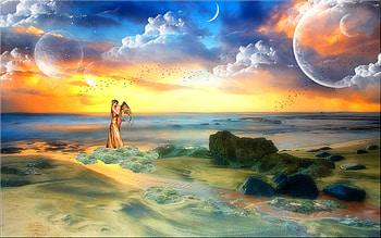 Angel, blue, art, fantasy, yellow, girl, orange, sunset HD wallpaper