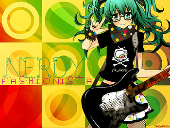 Hatsune Miku, colorful, black, bandana, guitar, cute, vocaloid, miku, vocaloids, hatsune, glasses, nerd, skirt, blue eyes, twintail, blue hair, nerdy, anime, pretty HD wallpaper
