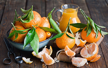 Fruits, Food, Leaves, Tablewares, Tangerines, Jug, Citrus, Lobules, Slices, Board, Decanter, Carafe, Citruses, Scissors, Peel, Rind, Juice HD wallpaper