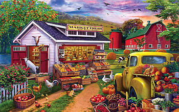 Morning Farmers Market, barn, fruits, car, artwork, painting, vintage HD wallpaper