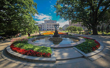Opera in Riga, Latvia, fountain, opera, trees, Latvia, sculpture, flowers, square, Riga HD wallpaper