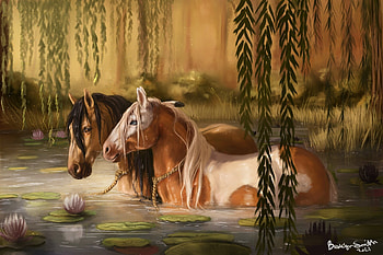 Horses, horse, brooklyn smith, hotse, cal, lake, summer, fantasy, couple, luminos, vara HD wallpaper