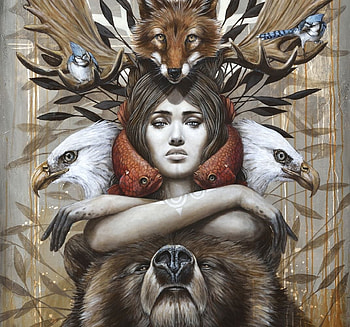 :), urs, eagle, art, sophie wilkins, bear, painting, fantasy, pesti, pictura, vultur, face, fish HD wallpaper