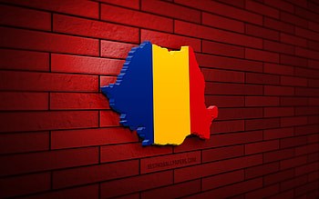 Romania map, , red brickwall, European countries, Romania map silhouette, Romania flag, Europe, Romanian map, Romanian flag, Romania, flag of Romania, Romanian 3D map HD wallpaper
