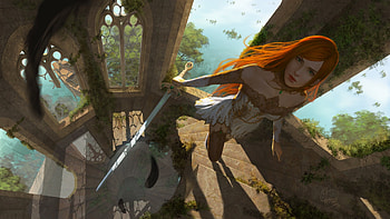 Fantasy girl, view from the top, sword, fantasy, art, redhead, girl, luminos HD wallpaper