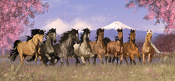 golden-heart, horses, animals, trees, grass, fuji, mountain HD wallpaper