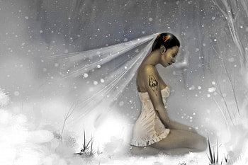 Dragon's Bride, winter, frost, magic, tattoo, fantasy, snow, dragon, women, forest HD wallpaper