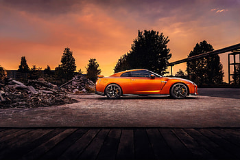 Side view, orange, Nissan GT-R HD wallpaper