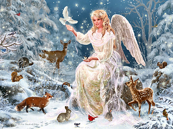 Winter Angel F2Cmp, winter, raccoon, angel, scenery, painting, snow, cardinal, rabbit, dove, art, landscape, beautiful, four seasons, fox, illustration, artwork, wide screen, wildlife, deer, squirrel HD wallpaper