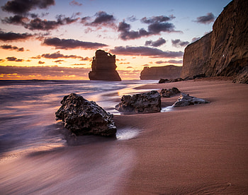 Rocks, seashore, beach, nature, sunset HD wallpaper