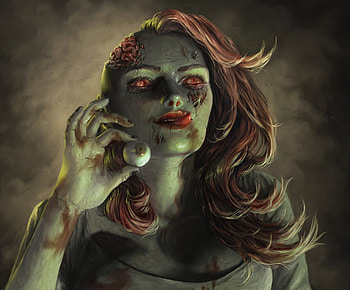 Tasty, merkerinn, girl, vamoire, hand, halloween, fantasy, face, zombie, luminos, tongue, eye HD wallpaper