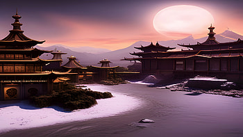 Oriental Moon, artistic, village HD wallpaper