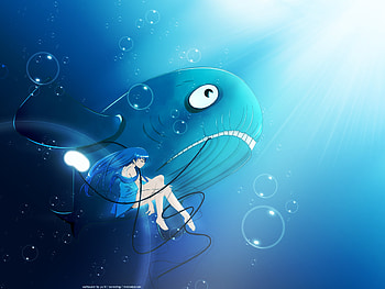 Surviving, sea, anime, big, fish, girl, bubble HD wallpaper