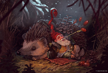 Gnome and hedgehog, dwarf, art, man, hedgehog, mini, gnome, summer, fantasy, kiri leonard, arici, luminos, giant, vara HD wallpaper