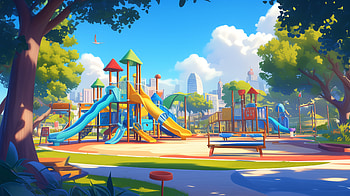 Sunny Playground Scenery, Playground, park, cityscape HD wallpaper