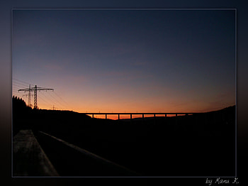 sunset with bridge, bridge, glowing, dark, sunset HD wallpaper