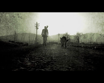Fallout 3 Walking with dog - in grey, dog, apocaliptic, rpg, walking, dogmeat, game, fallout 3 HD wallpaper