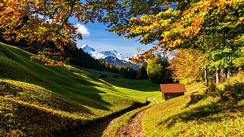 Autumn in the Bavarian Alps, cabin, lake, fall, germany, trees, landscape, mountains HD wallpaper