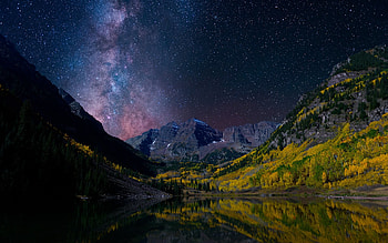 Earth - Landscape Sky Milky Way Norway Earth Mountain Valley Forest Night Reflection Stars Starry Sky HD wallpaper