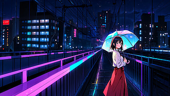 Anime Girl With Umbrella On Neon Bridge, anime-girl, umbrella, bridge, city, night, neon, artist, artwork, art, digital-art, ai, deviantart HD wallpaper
