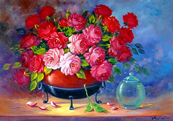 Still life, bouquet, roses, art, vase, fragrance, leaves, painting, petals, flowers, scent, harmony HD wallpaper