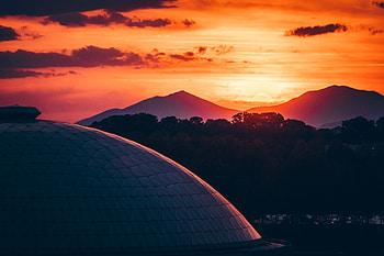 Cities, Trees, Sunset, Mountains, Architecture, Building, Roof HD wallpaper