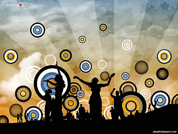 Party , circles, dancing, beams, light, clouds, silhouettes, hill HD wallpaper