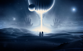 Spaceship, children, dream, alien, landscape, desert, fantasy HD wallpaper