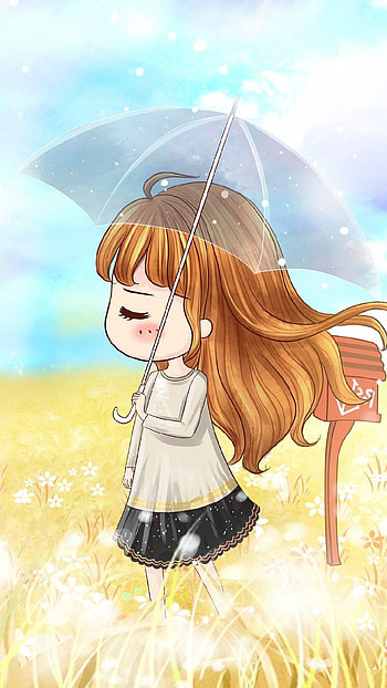 Cute Cartoon Girl, Umbrella, beautiful HD phone wallpaper