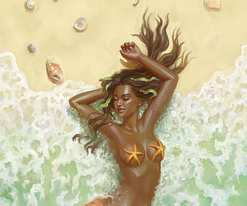 Mermaid, water, beach, sea, yasushi matsuoka, girl, summer, yasuartstudio, fantasy, yasu art studio, yellow, luminos, vara, siren HD wallpaper
