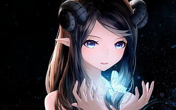 Butterfly, blue, black, horns, anime, girl, manga, hand HD wallpaper