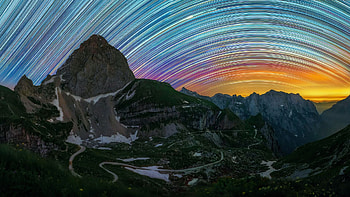 Mangart saddle, Slovenia - star trails, landscape, colors, sky, sunset, trees HD wallpaper