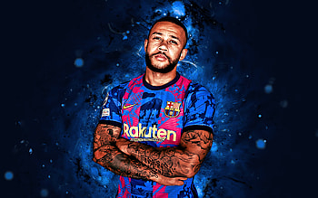 Memphis Depay Barcelona, 2021, dutch footballers, FC Barcelona, Barca, football, LaLiga, Memphis Depay , blue neon lights, FCB, soccer, Barcelona FC, Memphis Depay, La Liga HD wallpaper